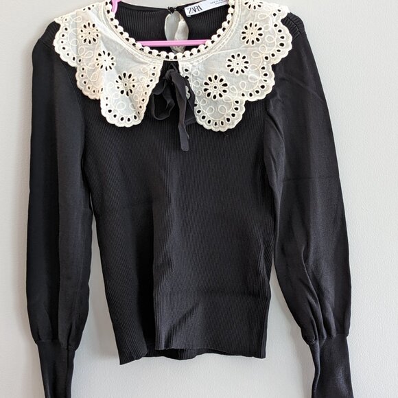 Zara Black With White Collared Ribbed Sweater Size M - Picture 2 of 4